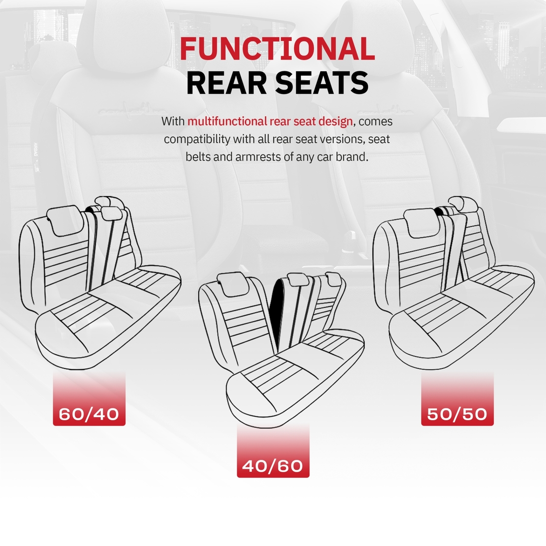 Комплект Луксозна Тапицерия OTOM текстил с еко кожа COMFORT LINE Design – Черна с червен шев, за Предни и Задни Седалки