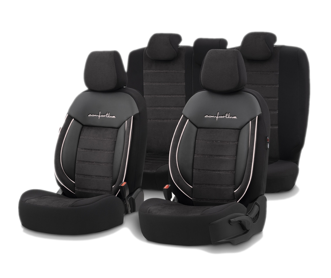 Комплект Луксозна Тапицерия OTOM текстил с еко кожа COMFORT LINE Design – Черна с бял шев, за Предни и Задни Седалки