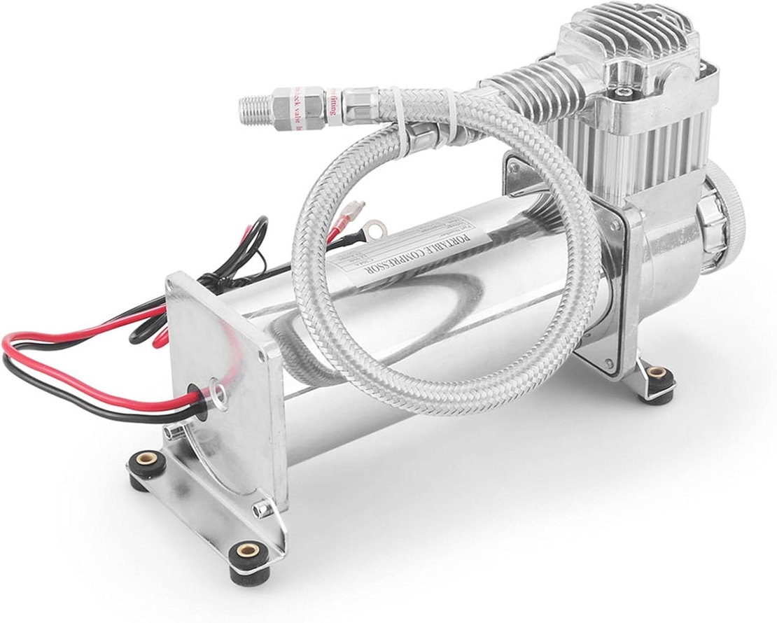 Преносим авто въздушен компресор 12V, 300 PSI, дебит 1.8 CFM, с метален маркуч - за пневматично окачване, офроуд, клаксони и въздушни системи