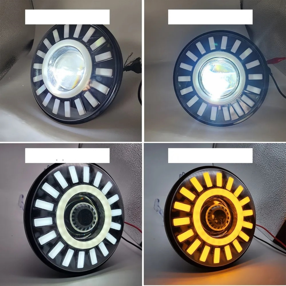 Комплект от 2бр. Универсален 7 инча 18см ЛЕД LED фар лампа халоген 12V-24V къси/дълги с DRL дневни светлини мигач бяло-жълто за АТВ джип мотоциклет камион трактор и др.