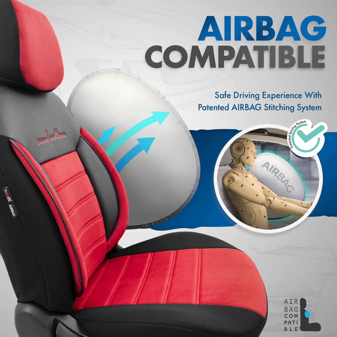 Комплект Луксозна Тапицерия OTOM текстил с еко кожа COMFORT LINE Design – Червено-Черна с червен шев, за Предни и Задни Седалки