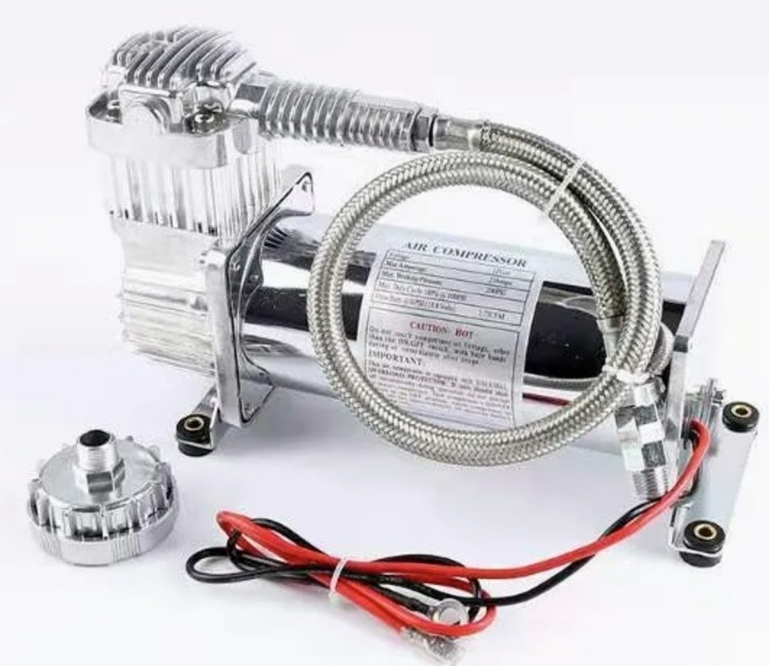 Преносим авто въздушен компресор 12V, 300 PSI, дебит 1.8 CFM, с метален маркуч - за пневматично окачване, офроуд, клаксони и въздушни системи