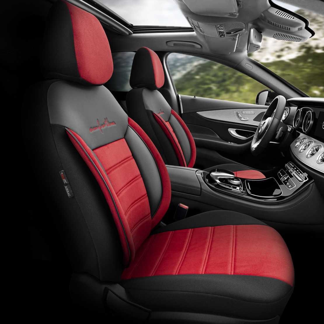 Комплект Луксозна Тапицерия OTOM текстил с еко кожа COMFORT LINE Design – Червено-Черна с червен шев, за Предни и Задни Седалки