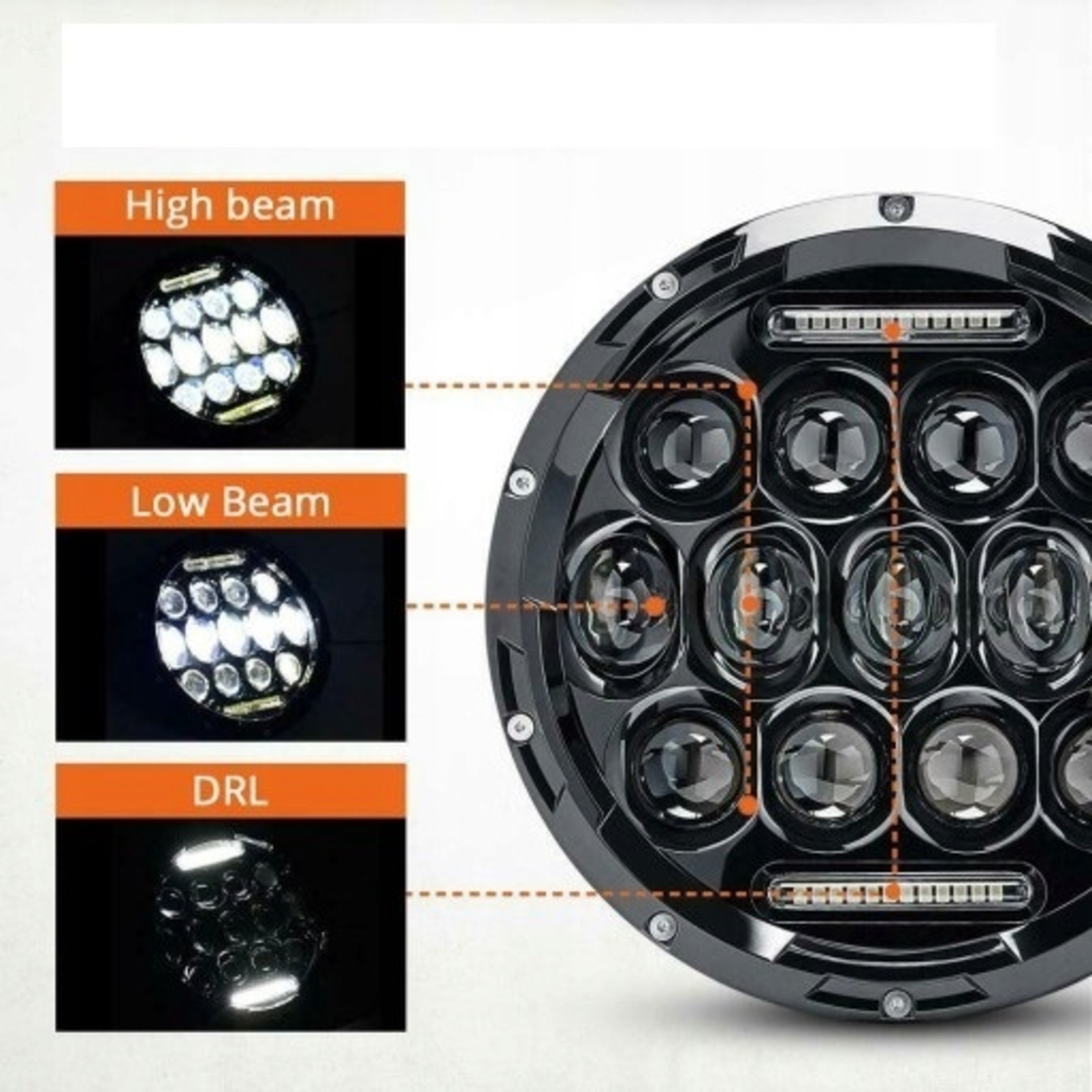 Комплект от 2бр. универсален 7 инча 18см ЛЕД LED фар лампа халоген 12V-24V къси/дълги с DRL дневни светлини бяло 8000lm за АТВ джип мотоциклет камион трактор и др.