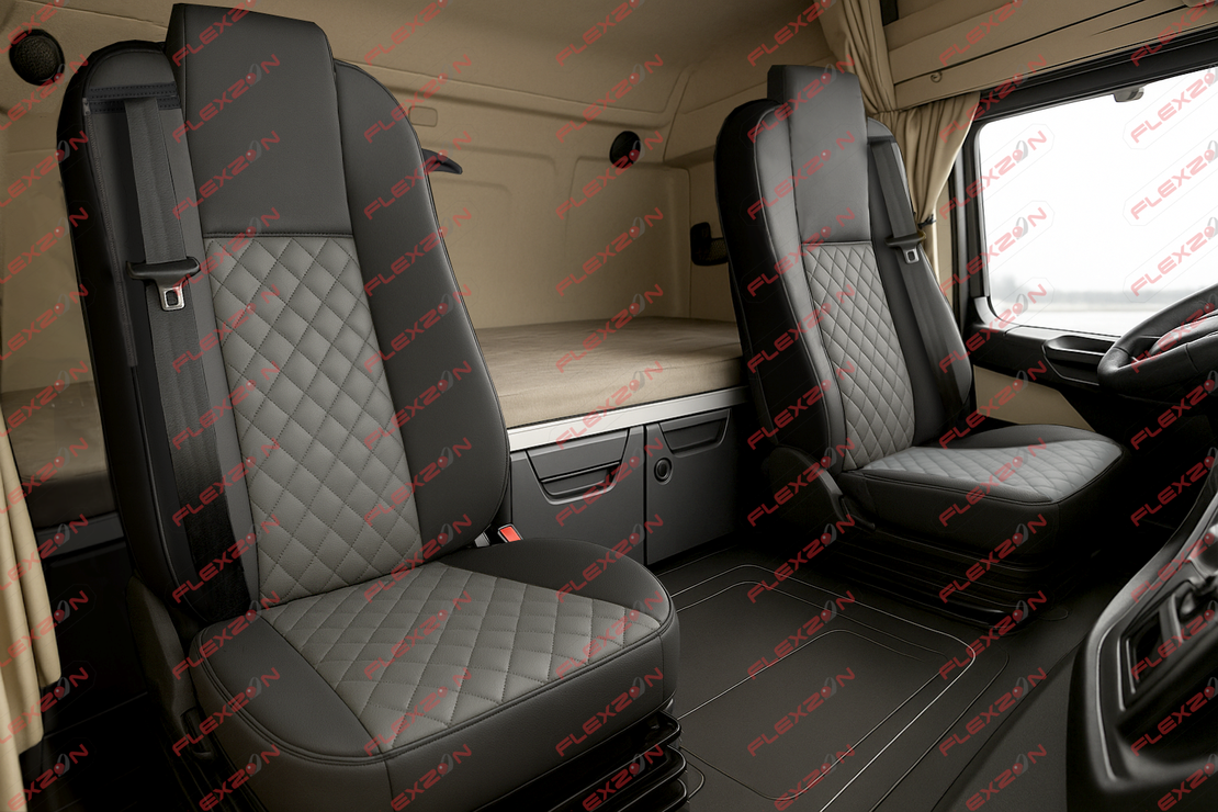 Комплект 1+1 тапицерия от еко кожа за MERCEDES ACTROS MP4 EURO 6 2015-2021 - сиво-черно