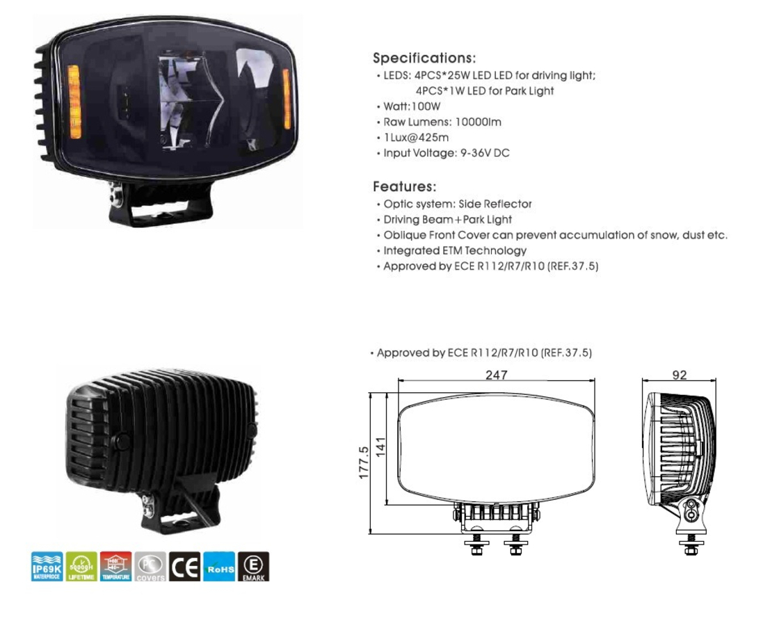 Универсален мощен LED ЛЕД 100W фар халоген лампа 12V - 24V с DRL/parking светлина бяло-жълто за АТВ джип камион трактор