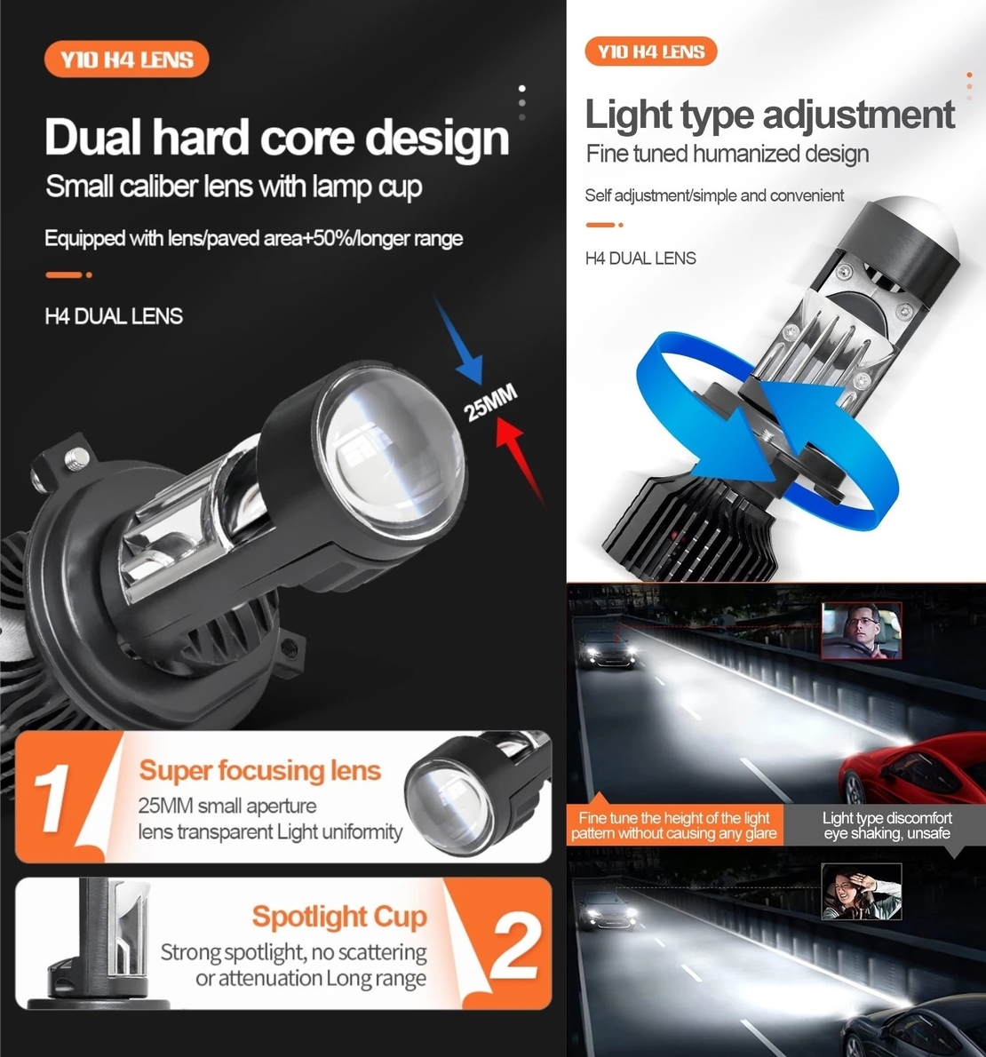Комплект от 2 броя LED крушки с лупа, Y10 H7, 200%, 50W 6400LM, 6000K, 360° Canbus без грешки – 12V
