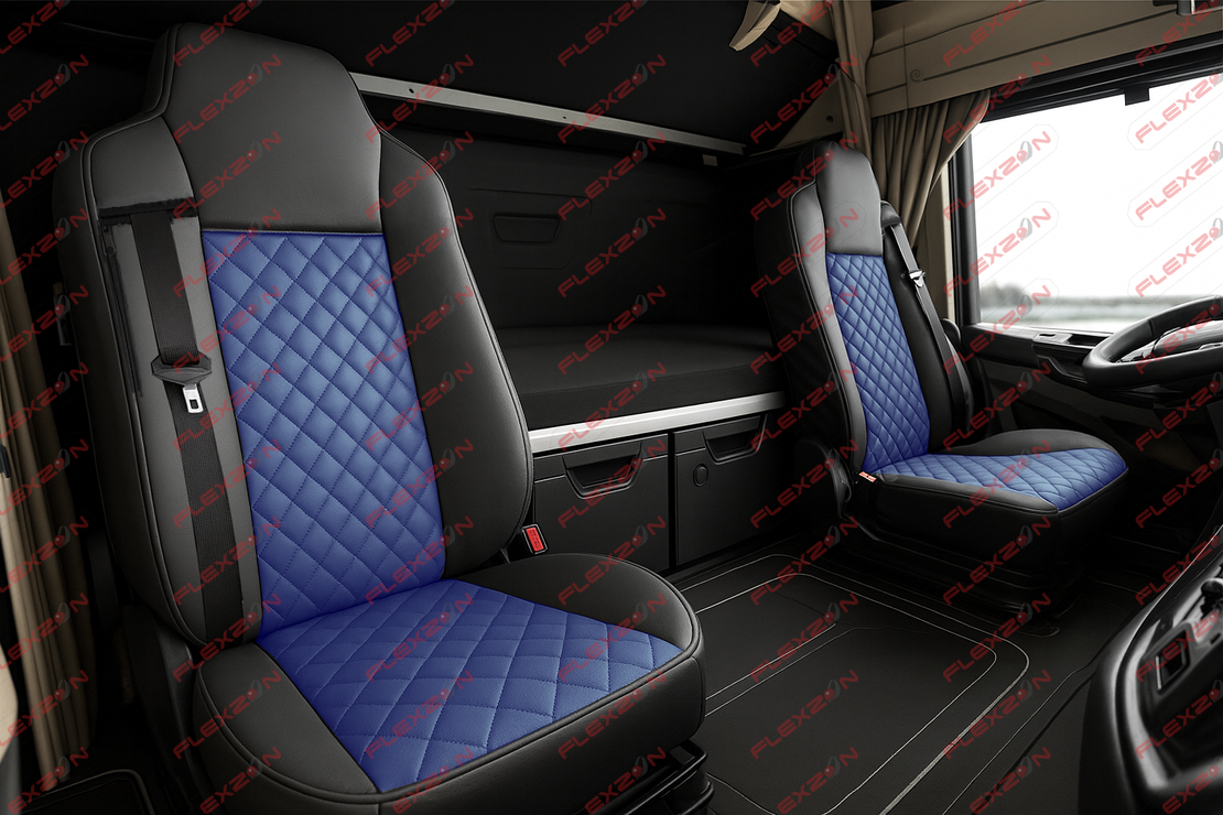 Комплект 1+1 тапицерия от еко кожа за IVECO STRALIS S-WAY 2021 - синьо-черно