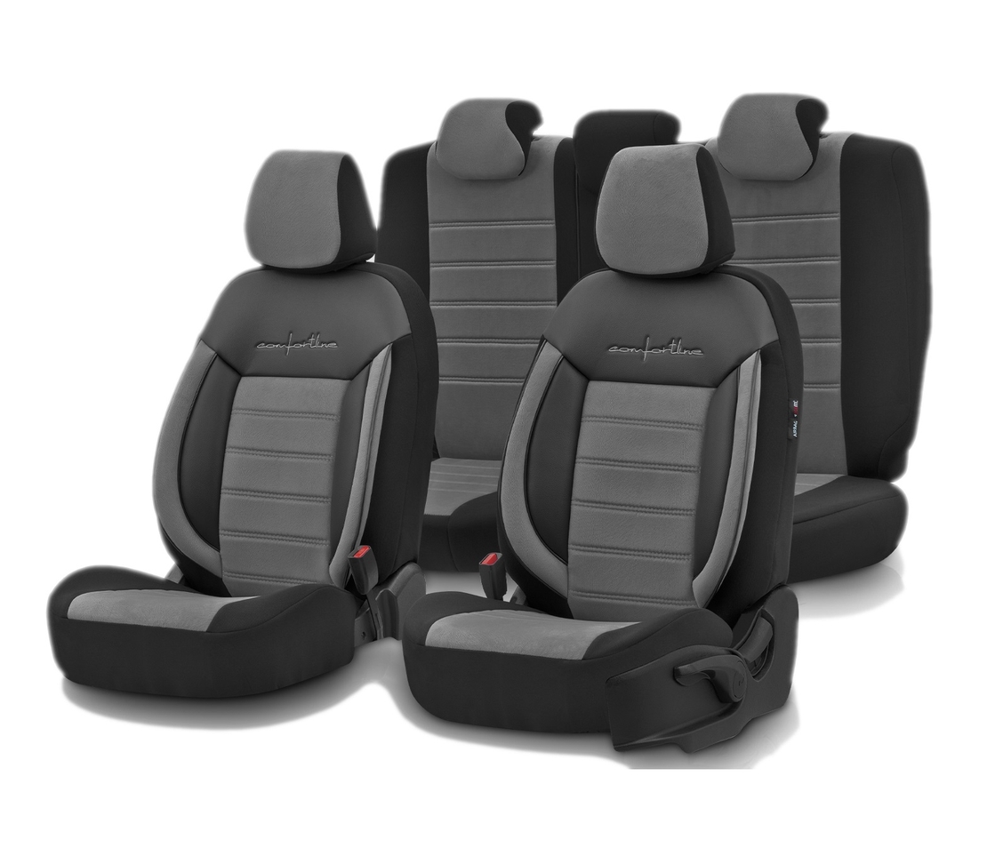 Комплект Луксозна Тапицерия OTOM текстил с еко кожа COMFORT LINE Design – Сиво-Черна със сив шев, за Предни и Задни Седалки