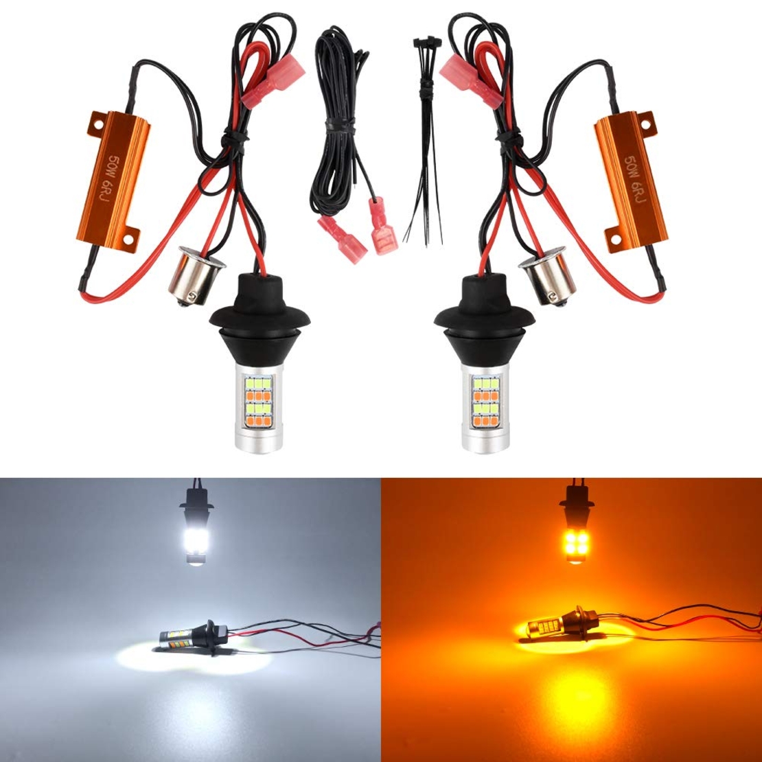 Комплект от 2броя LED диодни DRL дневни светлини с вграден мигач 12V 8W S25/1156/BA15S/P21W Can Bus без Грешки