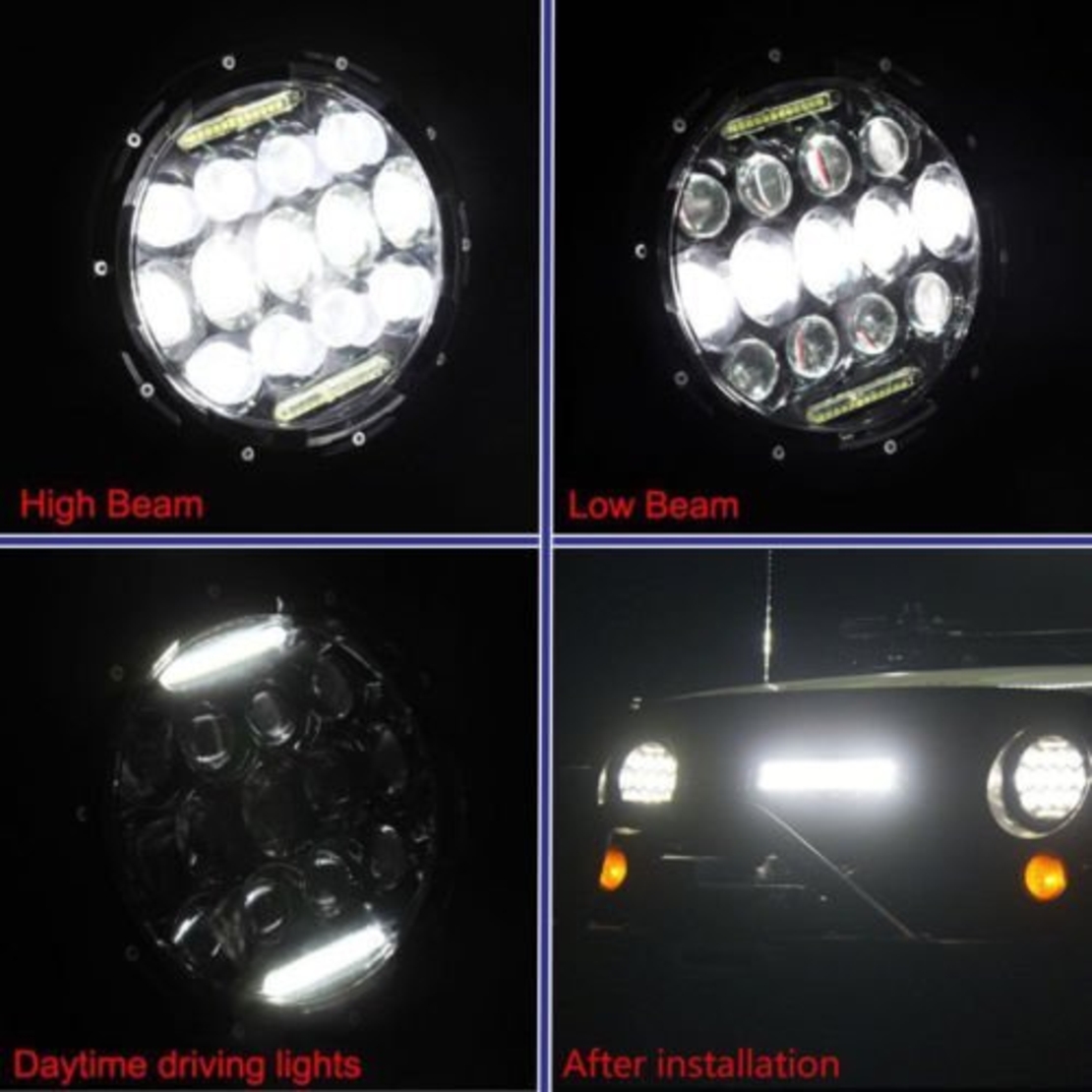 Комплект от 2бр. универсален 7 инча 18см ЛЕД LED фар лампа халоген 12V-24V къси/дълги с DRL дневни светлини бяло 8000lm за АТВ джип мотоциклет камион трактор и др.