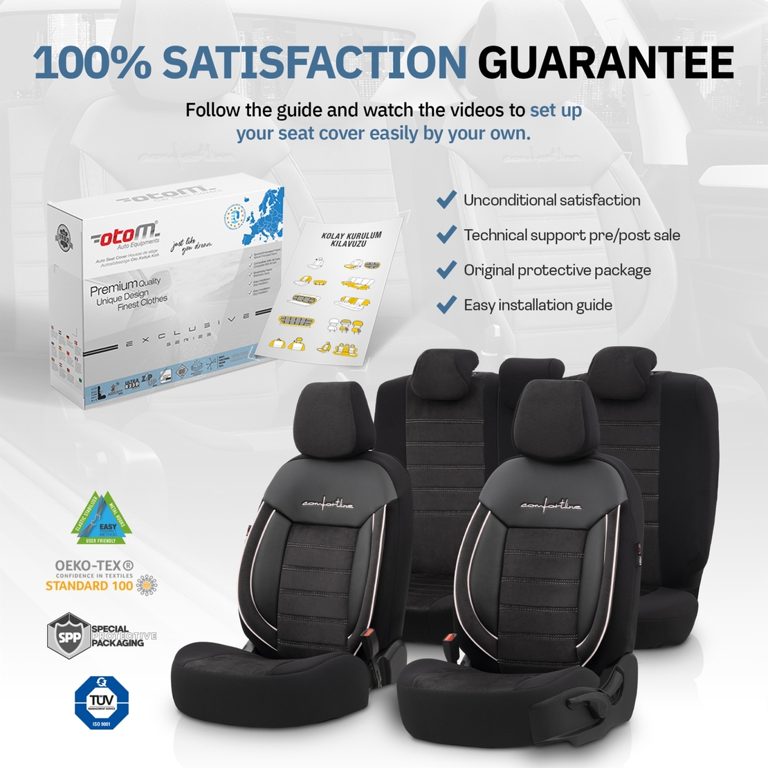 Комплект Луксозна Тапицерия OTOM текстил с еко кожа COMFORT LINE Design – Черна с бял шев, за Предни и Задни Седалки