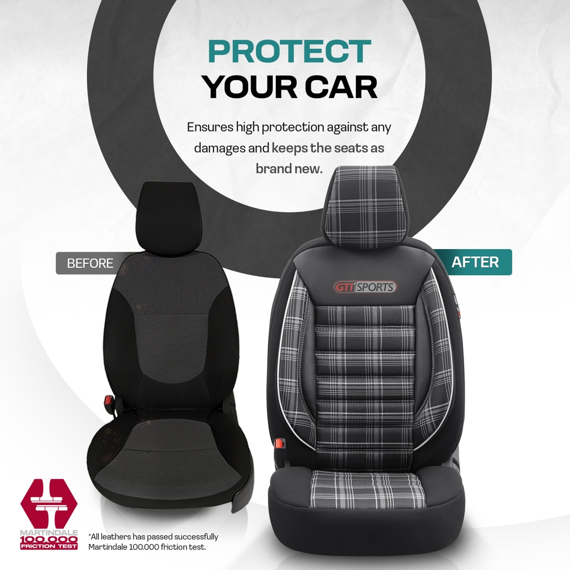 Комплект Луксозна Тапицерия OTOM текстил с еко кожа GTI SPORTS Design – Черна с бял шев, за Предни и Задни Седалки