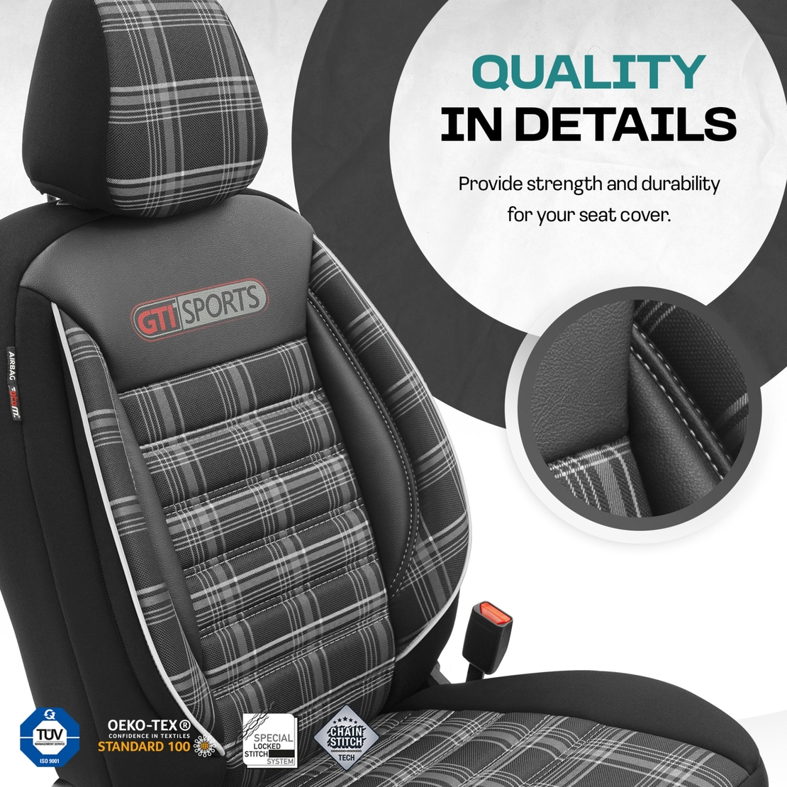 Комплект Луксозна Тапицерия OTOM текстил с еко кожа GTI SPORTS Design – Черна с бял шев, за Предни и Задни Седалки