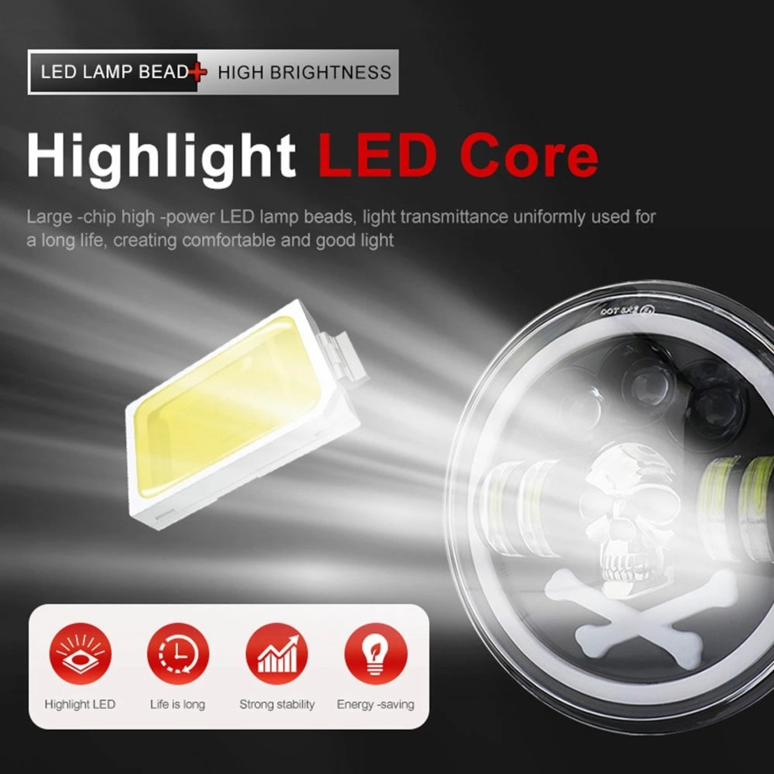 Универсален 7 инча 18см ЛЕД LED фар халоген 12V-24V къси/дълги с DRL дневни светлини мигач бяло-жълто и череп с RGB подсветка с 6 различни цвята за АТВ джип мотоциклет камион трактор и др.