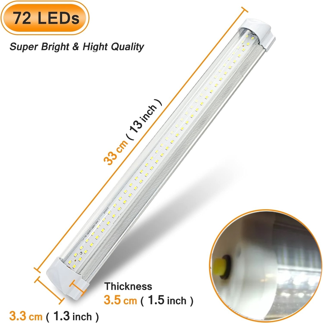 LED Лампа бяла светлина 72 LED, 12V, 6500K, 33 см – Алуминиев корпус, с кабел и букса за свързване
