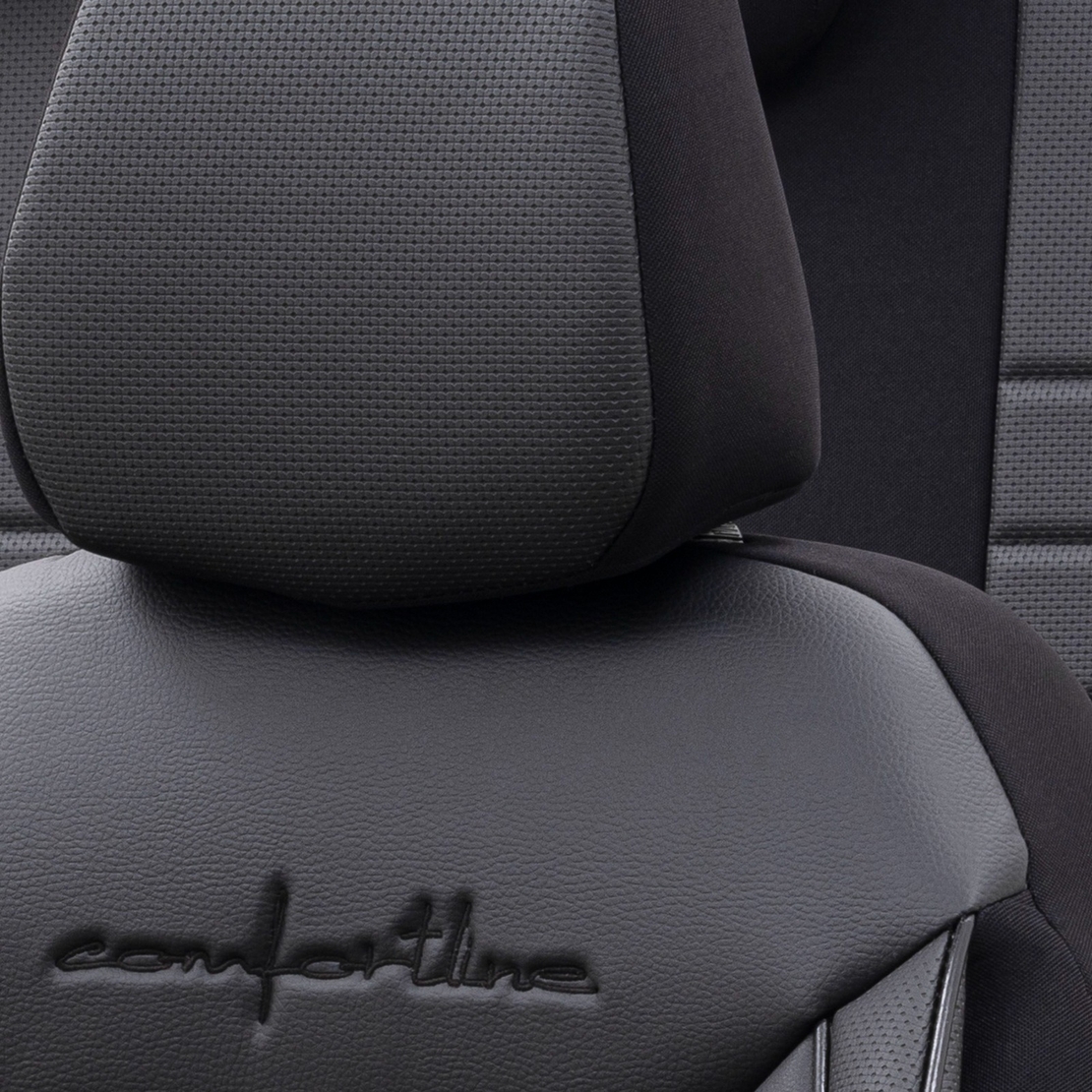 Комплект Луксозна Тапицерия OTOM текстил с еко кожа COMFORT LINE Design – Черна с черен шев, за Предни и Задни Седалки