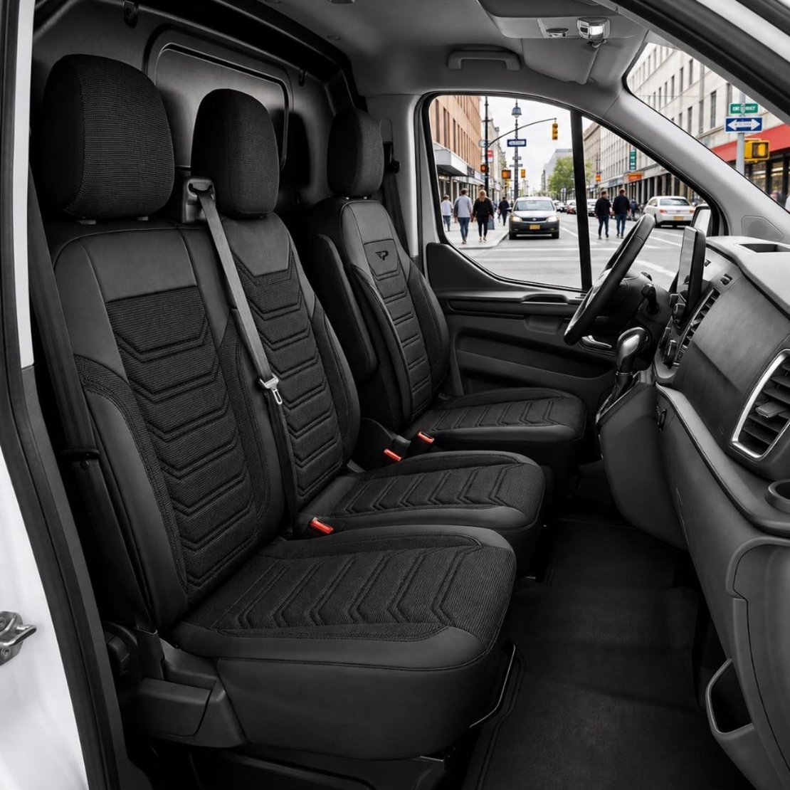 Комплект луксозна тапицерия PANDA за PEUGEOT EXPERT III 2016- / CITROEN JUMPY III 2016- / OPEL VIVARO C 2019- / FIAT SCUDO 2022-, Еко кожа и текстил, Черно/Сиво