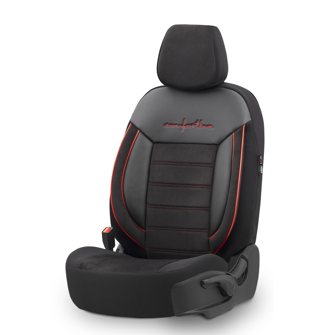 Комплект Луксозна Тапицерия OTOM текстил с еко кожа COMFORT LINE Design – Черна с червен шев, за Предни и Задни Седалки