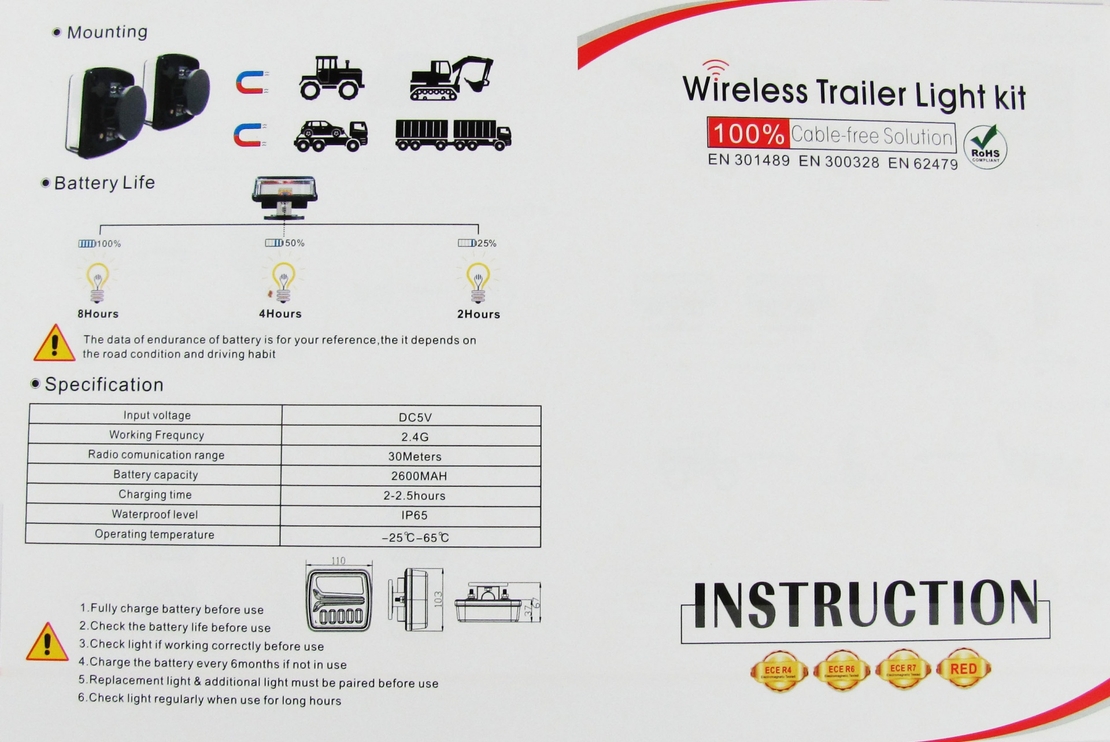 Безжични Wireless Лед Led Стопове с Магнит за Ремарке Каравана с 4 функции 12-24V
