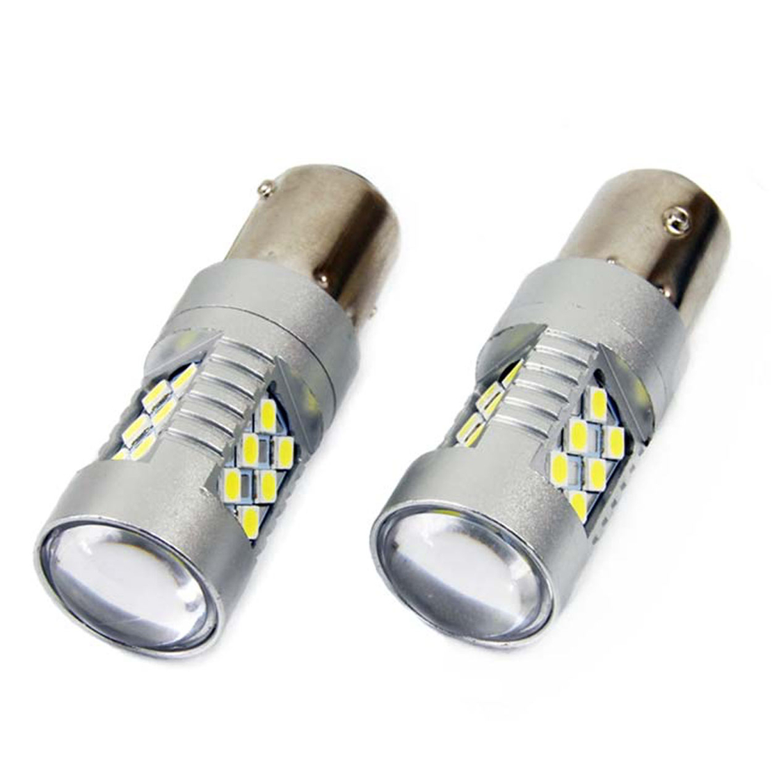 Комплект от 2 броя LED Диодни Крушки за Mигач Стоп Габарит Халоген CANBUS 3030 24SMD 1156 BA15S P21W 12V-24V Бяла Светлина в Блистер Amio