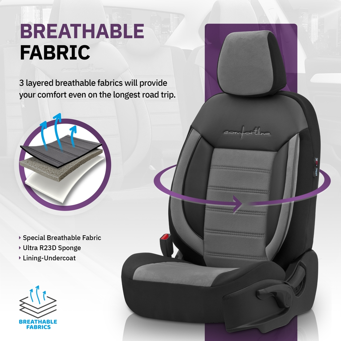 Комплект Луксозна Тапицерия OTOM текстил с еко кожа COMFORT LINE Design – Сиво-Черна със сив шев, за Предни и Задни Седалки