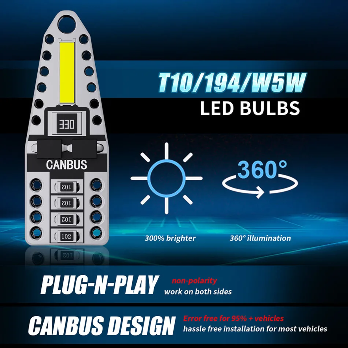 Комплект 2 бр. LED крушки T10, W5W, CANBUS, 6000K бяла светлина, 200 лумена, 12V – блистер