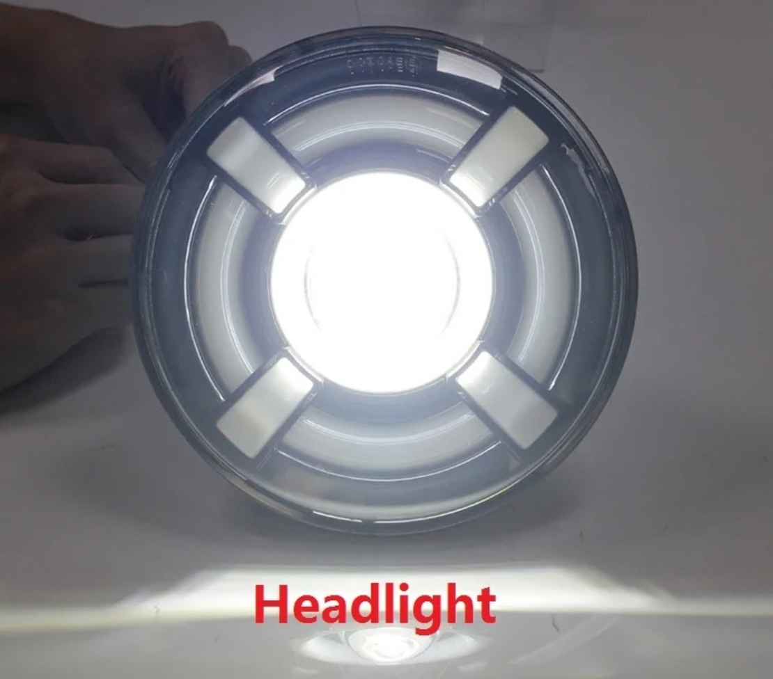 Комплект от 2бр. универсален 7 инча 18см ЛЕД LED фар лампа халоген 12V-24V къси/дълги с DRL дневни светлини мигач бяло-жълто 4800lm за АТВ джип мотоциклет камион трактор и др.