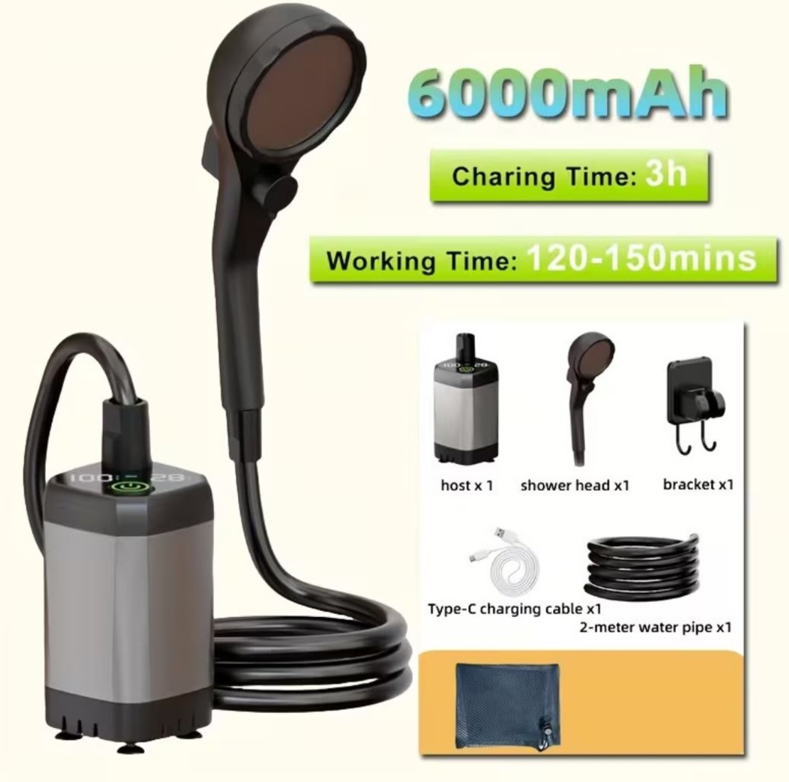 Преносим акумулаторен душ с LED дисплей - 6000mAh IPX7 водоустойчивост и 4 режима на струята