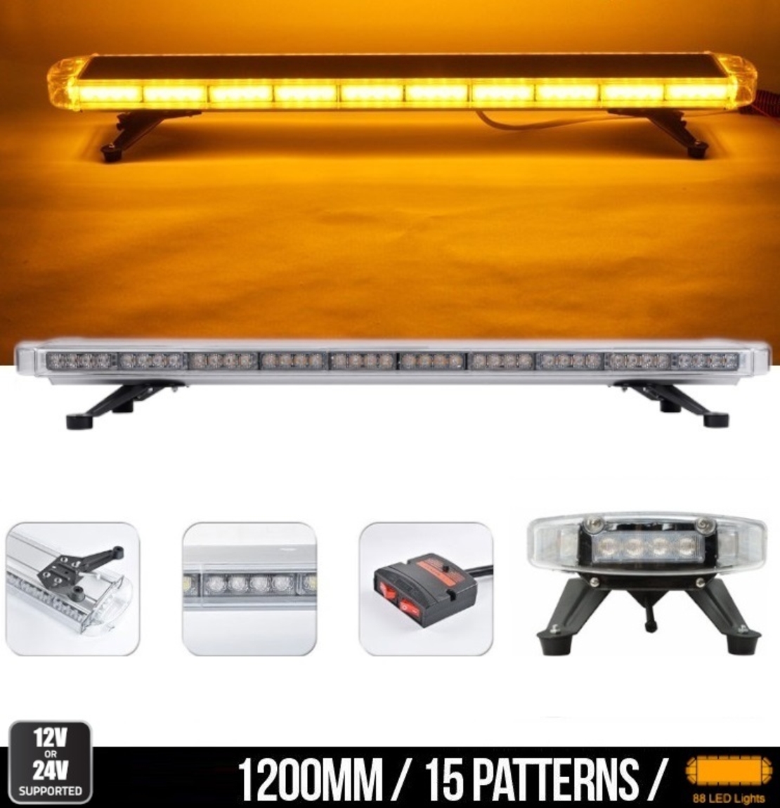 Мощна аварийна сигнална лампа 120см 88 LED ЛЕД блиц маяк буркан лед бар 12-24V със 15 режима на работа жълта за пътна помощ платформа снегорин багер бус ван и др.