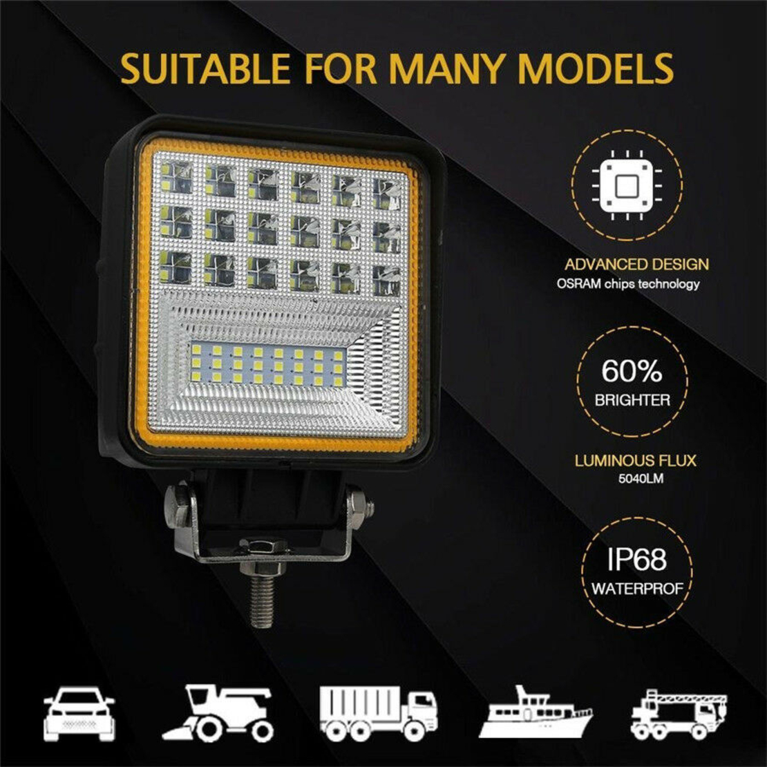 126W LED Диоден Фар Работна Бяла Жълта Светлина Габарит Мъгла Лампа 12V 24V 3030 Лумена