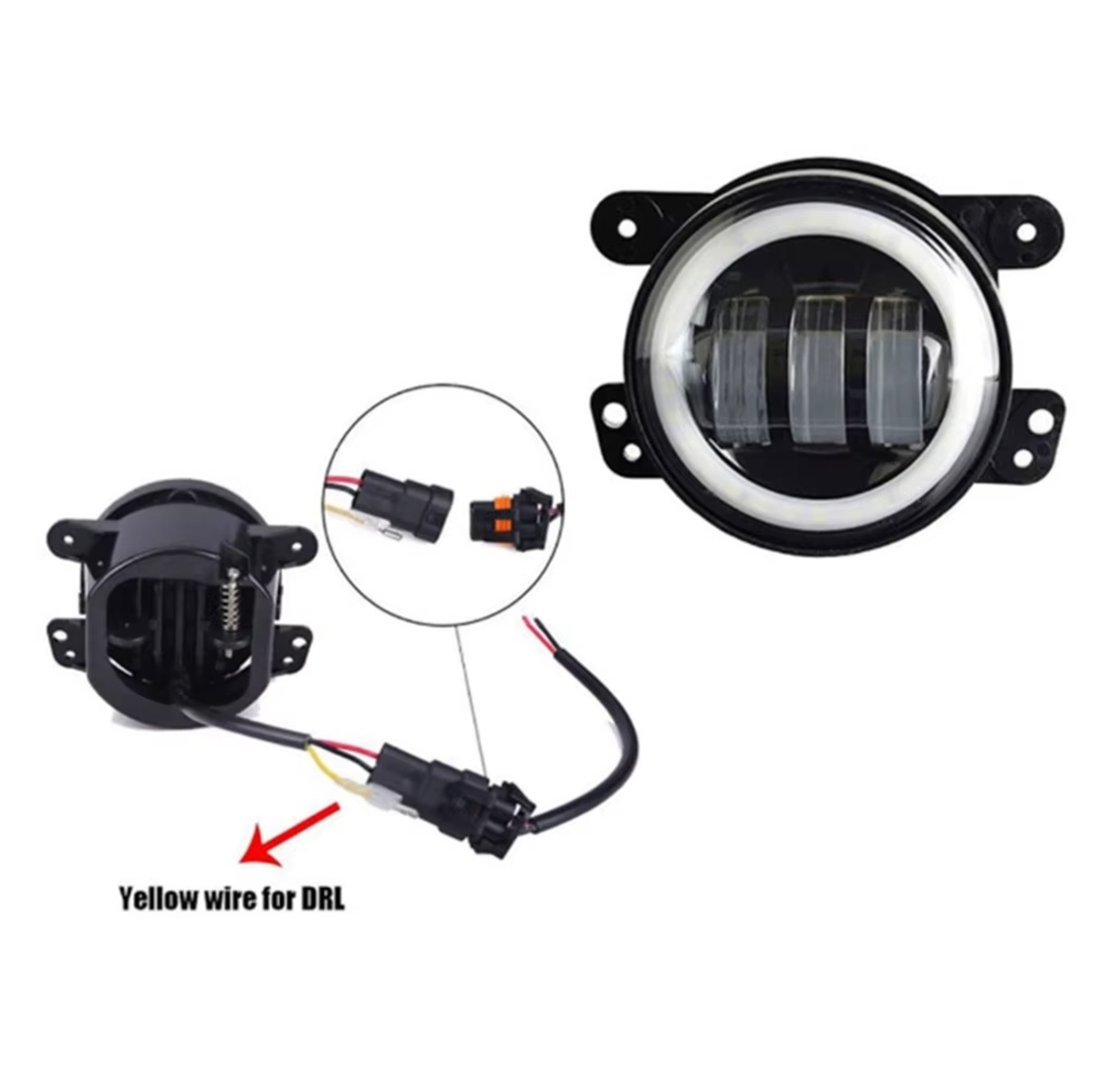 Комплект от 2 броя 4 инча 9.8cм ЛЕД LED фар лампа халоген 12V-24V с DRL дневни светлини мигач бяло-жълто за Jeep Dodge Chrysler Peugeot Ford CITROËN Opel Dacia Jaguar PORSCHE Suzuki Nissan RENAULT
