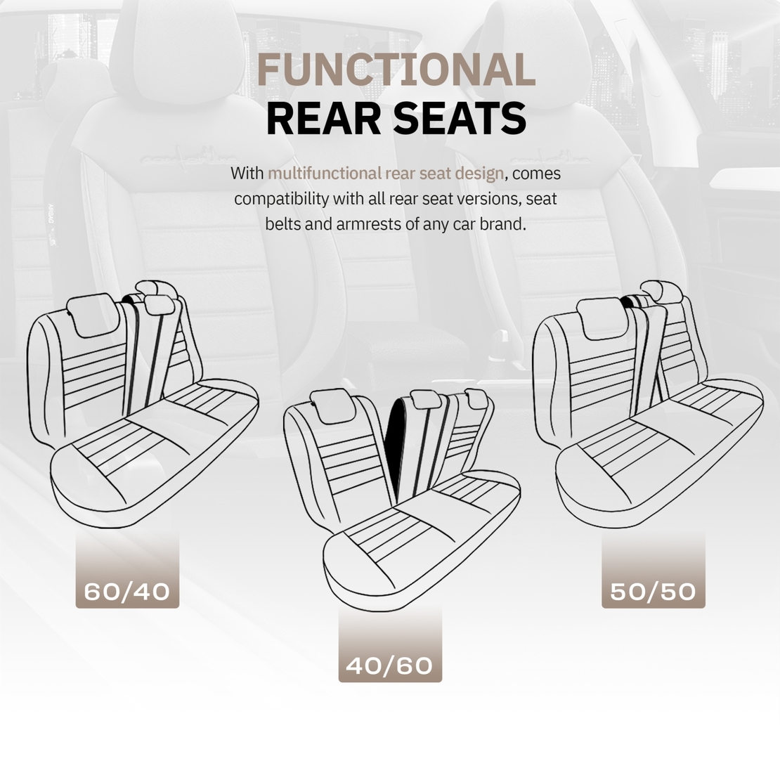 Комплект Луксозна Тапицерия OTOM текстил с еко кожа COMFORT LINE Design – Бежово-Черна с бежов шев, за Предни и Задни Седалки