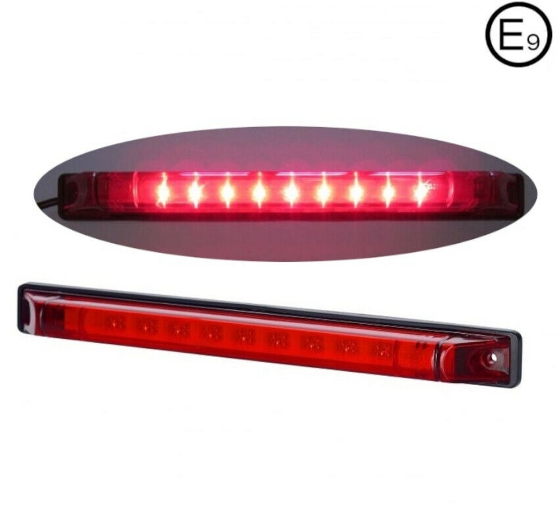LED Лед Трети Стоп, Маркер, Габарит, 24см, 12V - 24V, 9 Диода,Червена Светлина, Е-Mark