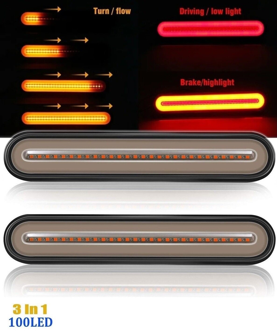 Комплект тънки LED стопове, стоп, задна светлина, динамичен Бягащ Мигач Неон Ефект - 12V-24V