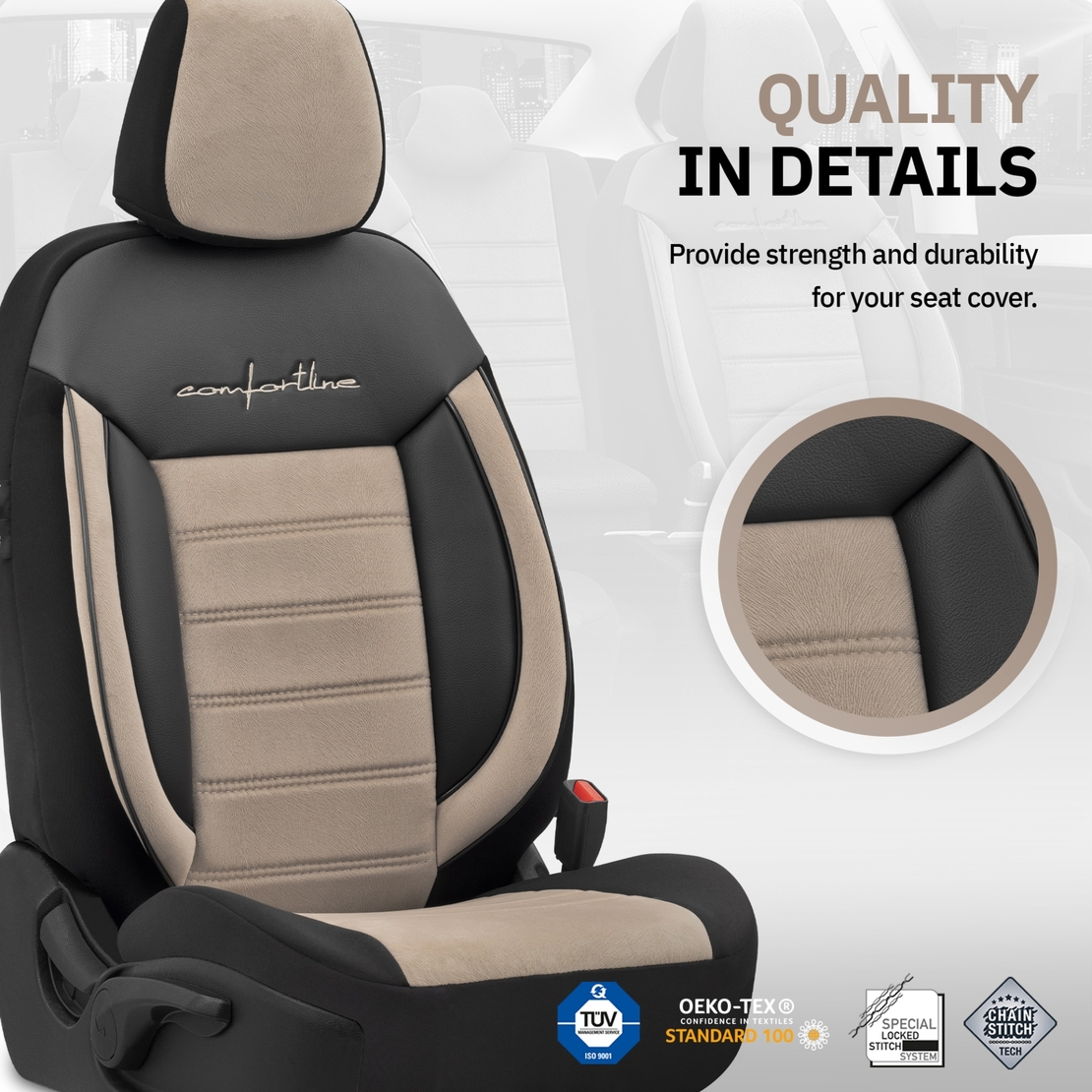 Комплект Луксозна Тапицерия OTOM текстил с еко кожа COMFORT LINE Design – Бежово-Черна с бежов шев, за Предни и Задни Седалки