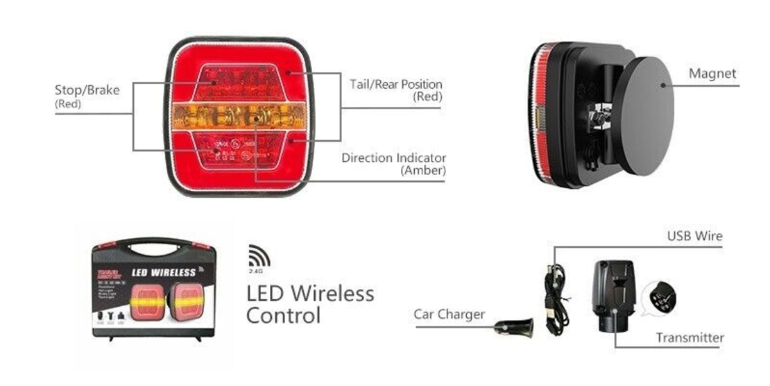 Комплект Безжични Преносими Диодни Лед Led Стопове Wireless с Магнит Неон Neon Ефект 12-24V 108mm х 102mm x 46mm E9 за Ремарке Каравана Платформа и др.