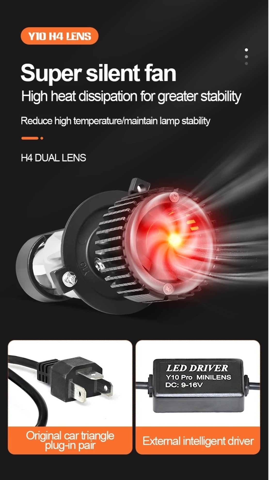 Комплект от 2 броя LED крушки с лупа, Y10 H4, 200%, 60W 6400LM, 6000K, 360° Canbus без грешки – 12V