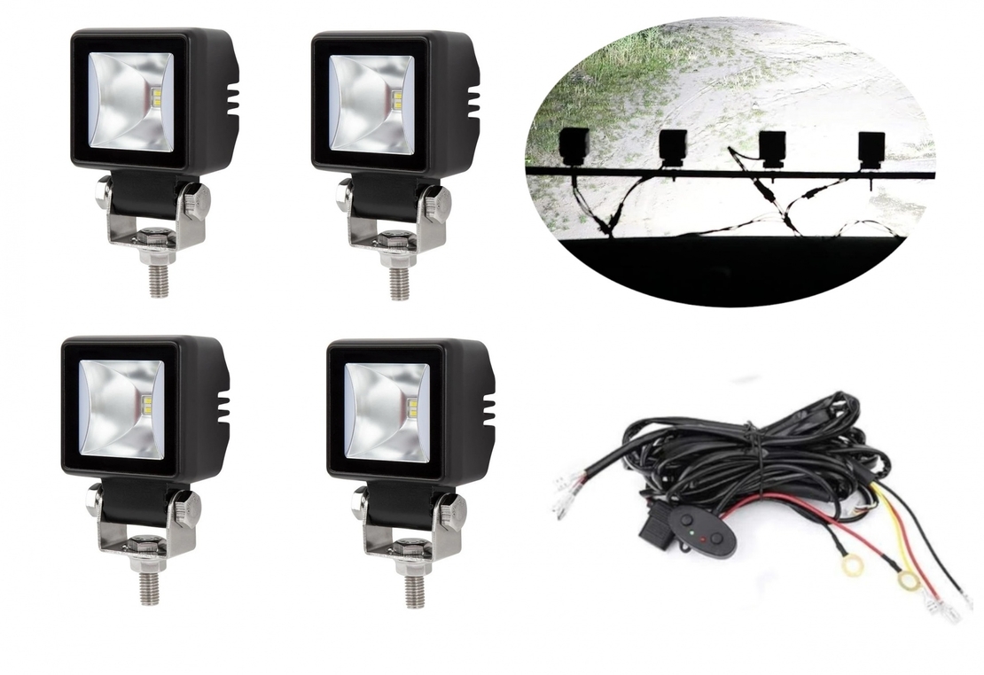 Комплект от 4 броя Лед LED Халогени Лампи с Окабеляване Бяла Flood + Бяла DRL Светлина 12V - 24V за Off Road 4X4 SUV джип мотор автомобил камион градина и др.