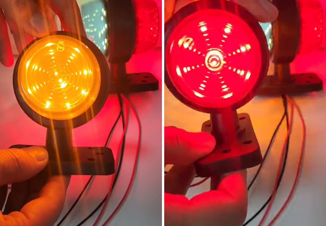 Комплект 2 бр. Опушен LED габарити маркери тип рогче 12V-24V, оранжево-червено - за ремаркета, платформи, камиони и др.