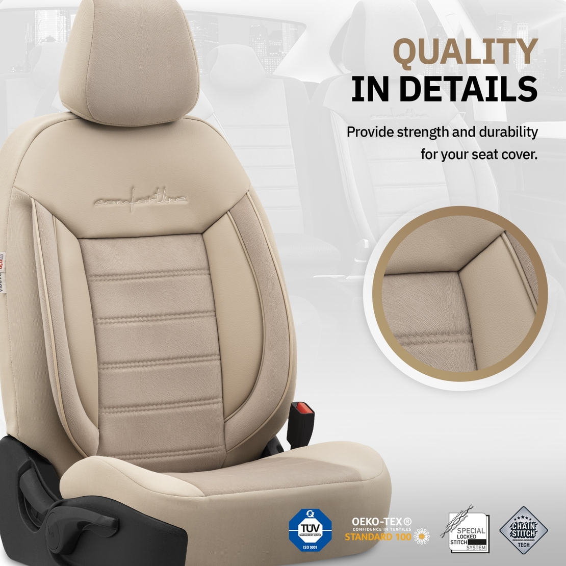 Комплект Луксозна Тапицерия OTOM текстил с еко кожа COMFORT LINE Design – Бежова с бежов шев, за Предни и Задни Седалки