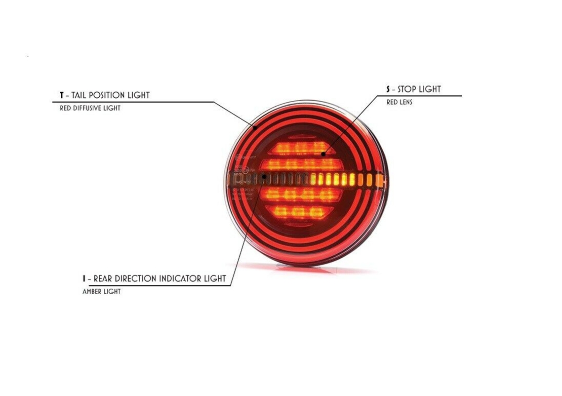 Комплект LED Светодиодни Стопове с Динамичен Бягащ Мигач WAS , Неон Ефект, Кръгли, Тип Хамбургер , Ø14.2см , 3 Функции, Е-Mark, 12V-24V