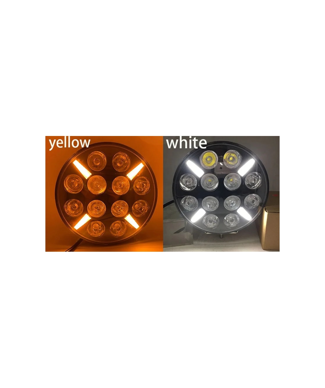 LED Диоден Халоген Фар с Бял - Оранжев Габарит Ø 218мм, 12V-24V 12 Диода За Джип Камион Трактор Багер Земеделски Машини и др.