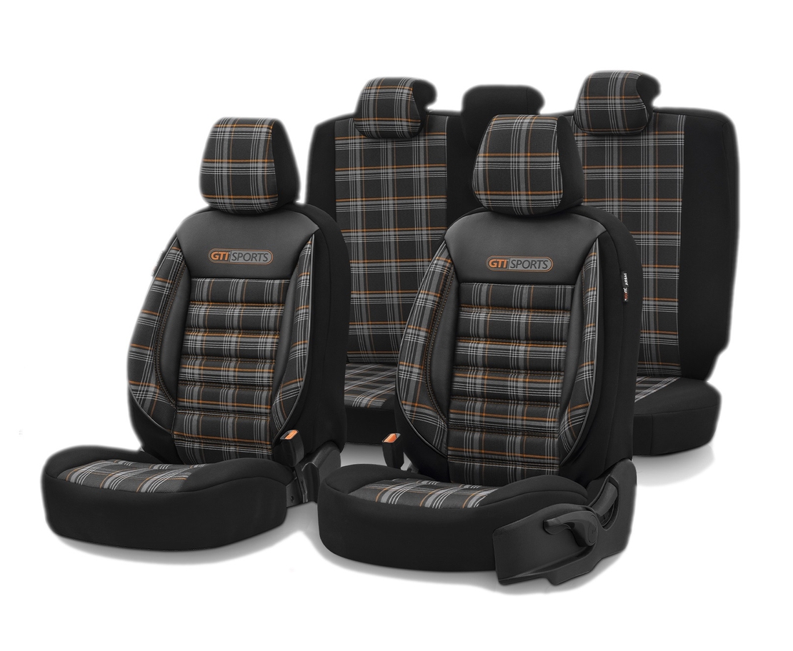 Комплект Луксозна Тапицерия OTOM текстил с еко кожа GTI SPORTS Design – Черна с оранжев шев, за Предни и Задни Седалки