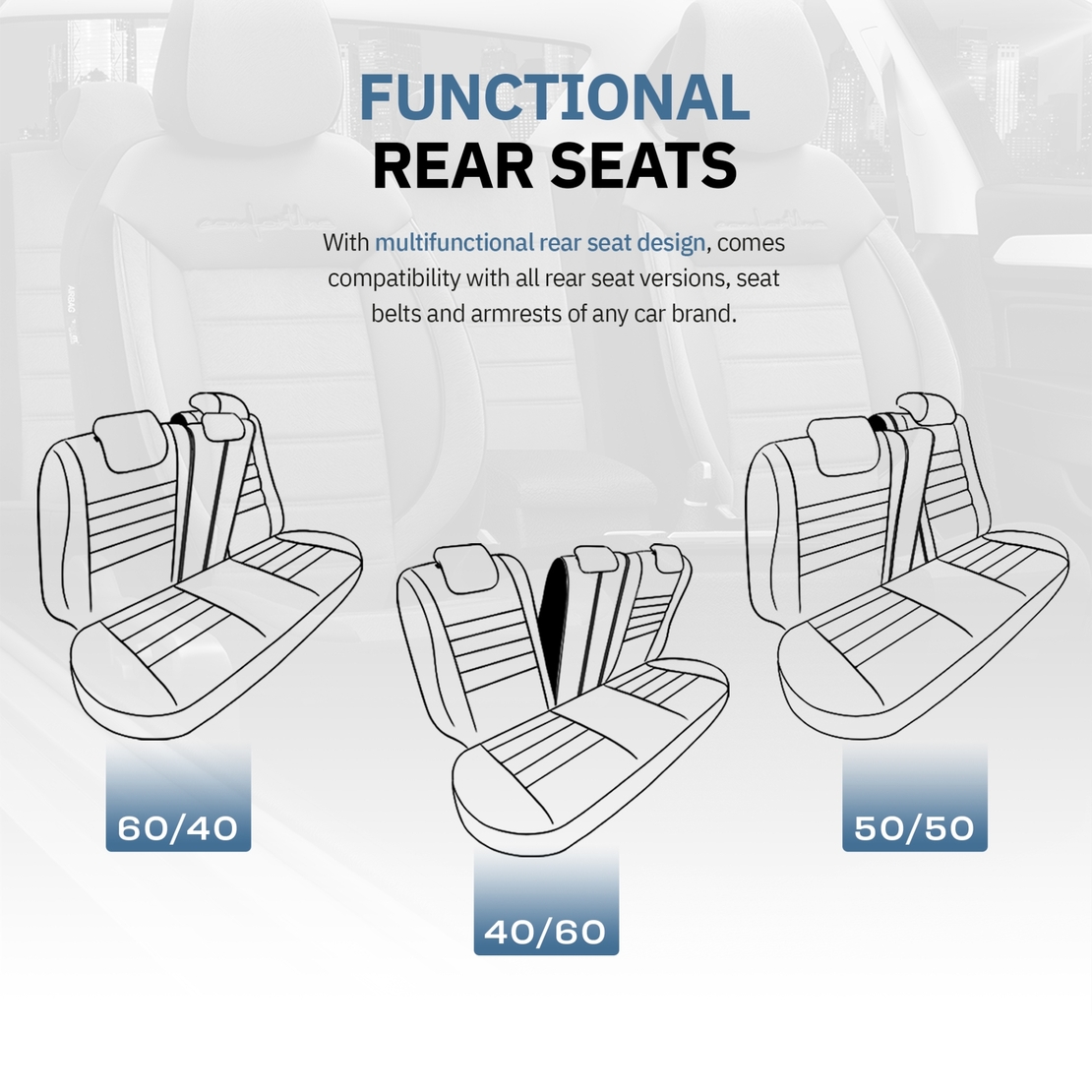 Комплект Луксозна Тапицерия OTOM текстил с еко кожа COMFORT LINE Design – Черна с бял шев, за Предни и Задни Седалки