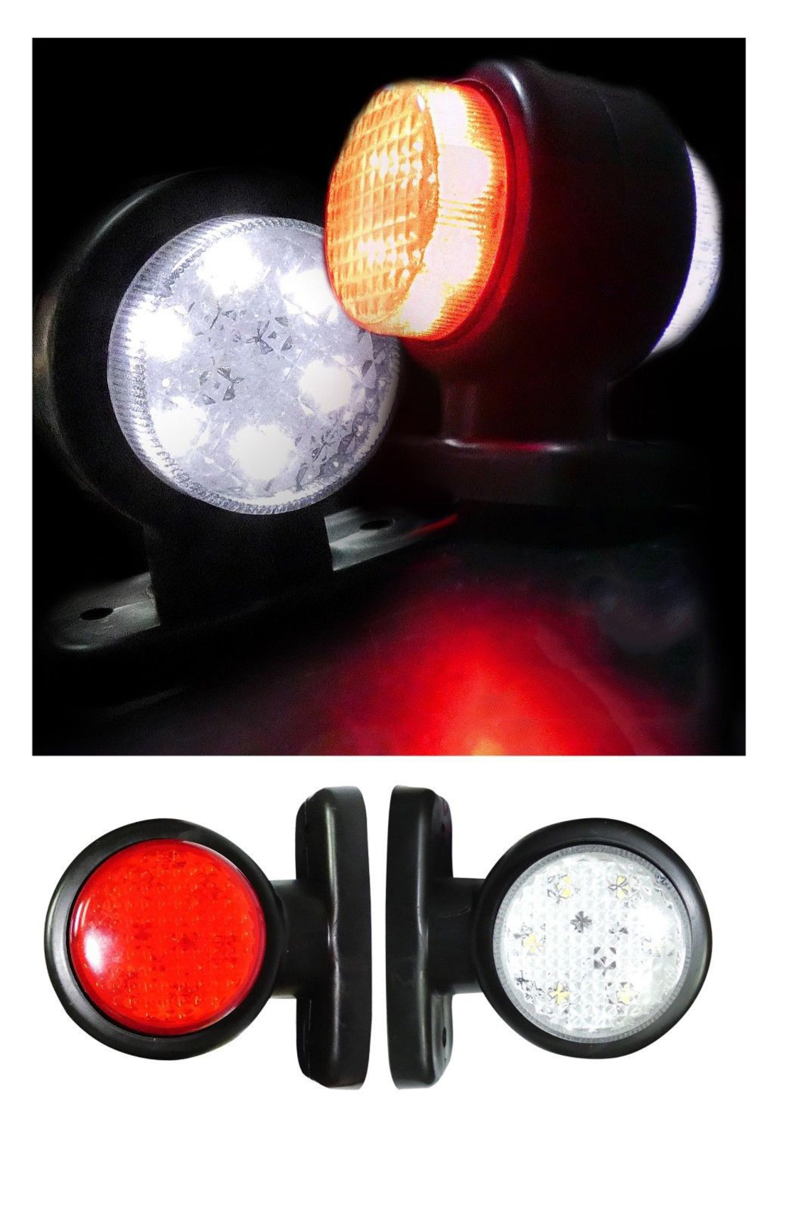 2 броя 12V LED ЛЕД Гумени Странични Рогчета Маркери - габаритни светлини за камион тир ремарке - 85мм х 80мм бяло-червено