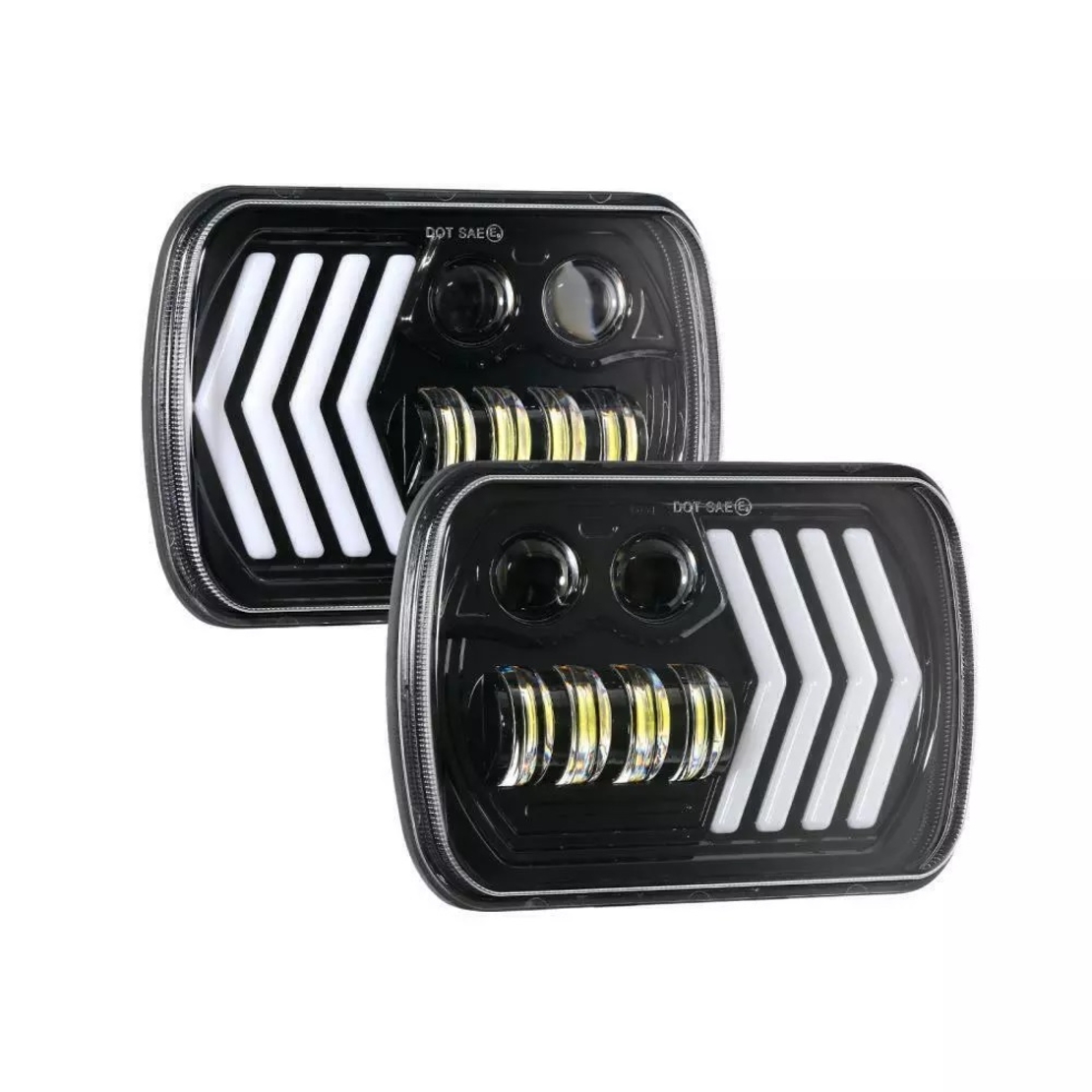 Комплект ляв и десен универсалeн 5x7 инча ЛЕД LED фар лампа халоген 12V-24V къси/дълги с DRL дневни светлини мигач бяло-жълто 8250lm за АТВ джип камион трактор и др.