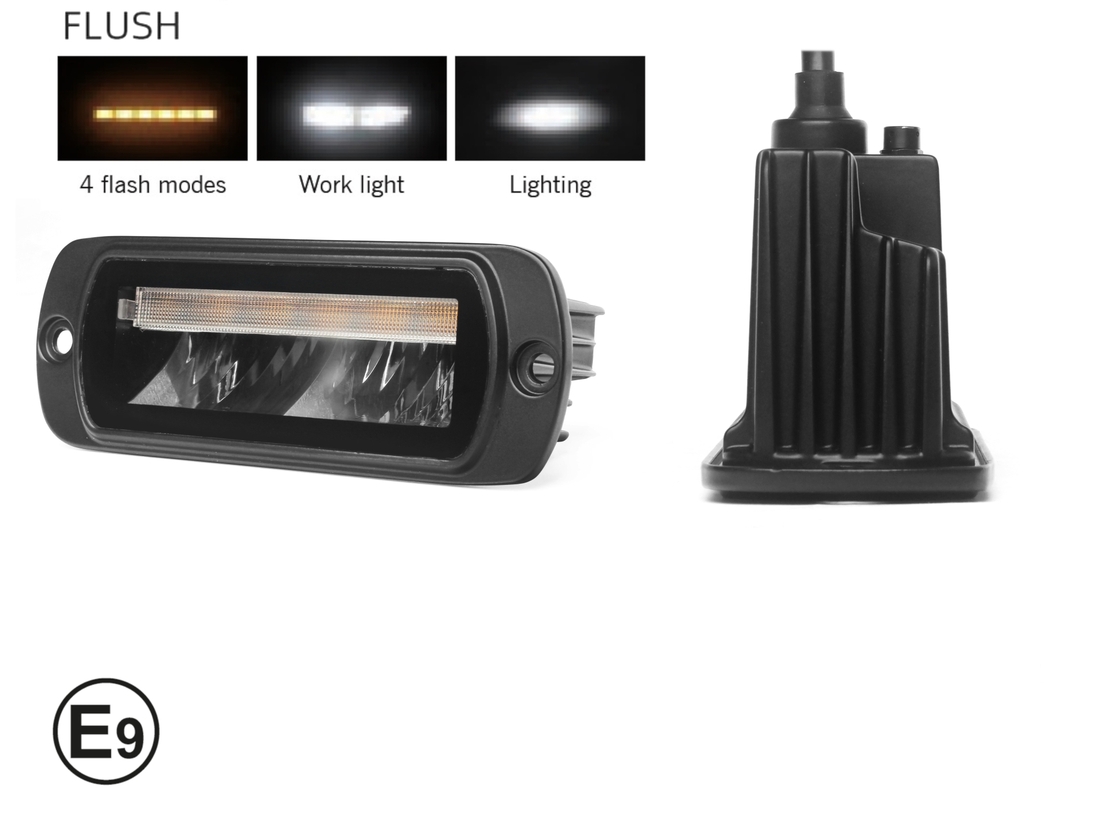 LED комбиниран халоген Flexzon / работна лампа с бял DRL и предупредителна светлина R65, за вграждане, 4 функции, IP65/67K, 12–24V