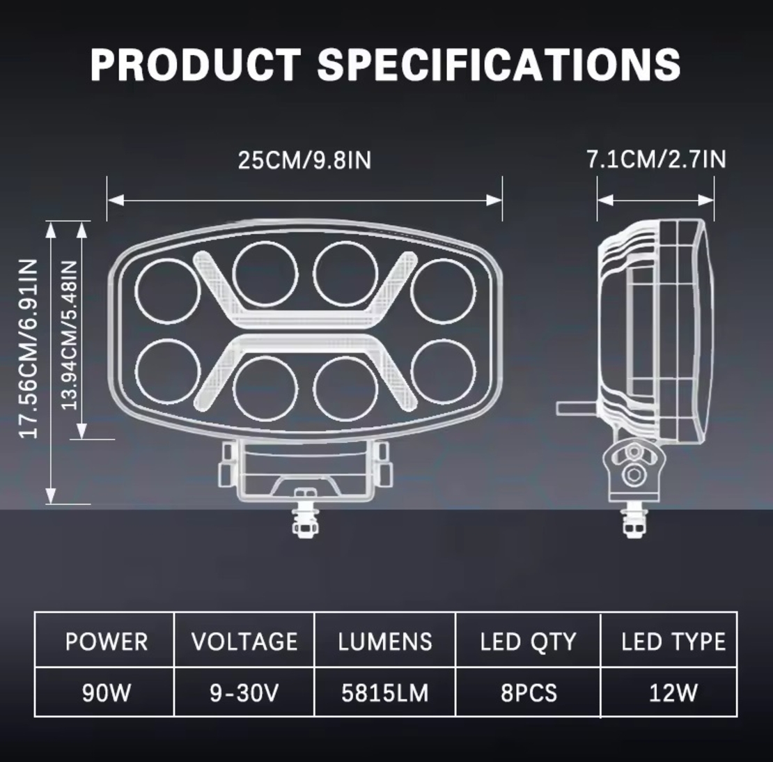 LED мощен диоден фар халоген лампа 12V-24V 90W бяло-жълто за АТВ джип камион трактор земеделски и селскостопански машини и др.