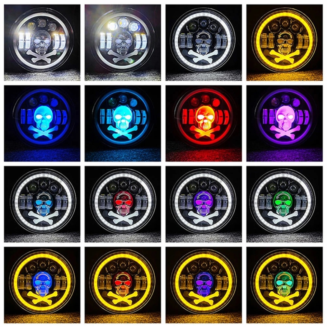 Комплект от 2бр. универсален 7 инча 18см ЛЕД LED фар халоген 12V-24V къси/дълги с DRL дневни светлини мигач бяло-жълто и череп с RGB подсветка с 6 различни цвята за АТВ джип мотоциклет камион трактор и др.